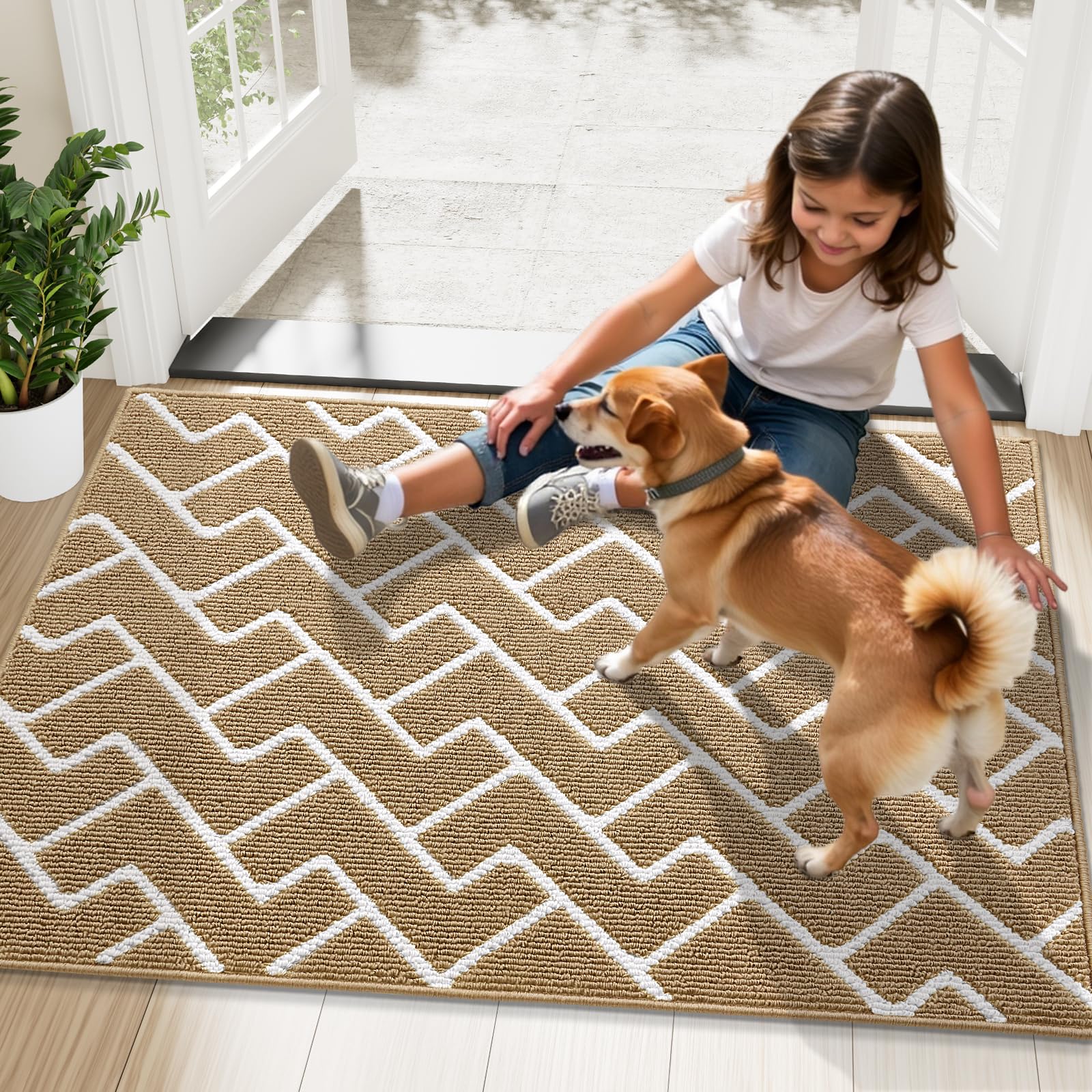 OLANLY Front Door Mat, Non-Slip Rubber Backing, Dirt Resistant and Absorbent, Washable, Easy to Clean Low-Profile Indoor Doormat for Back Door, Entryway, Inside Entrance, 32x20, Beige