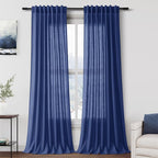 Classic Blue Linen Curtains 90 Inch Long 2 Panels Set for Bedroom Living Room Linen Textured Window Drapes Semi Sheer Light Filtering Rod Pocket Back Tab Cotton Textured Farmhouse Curtain 52x90