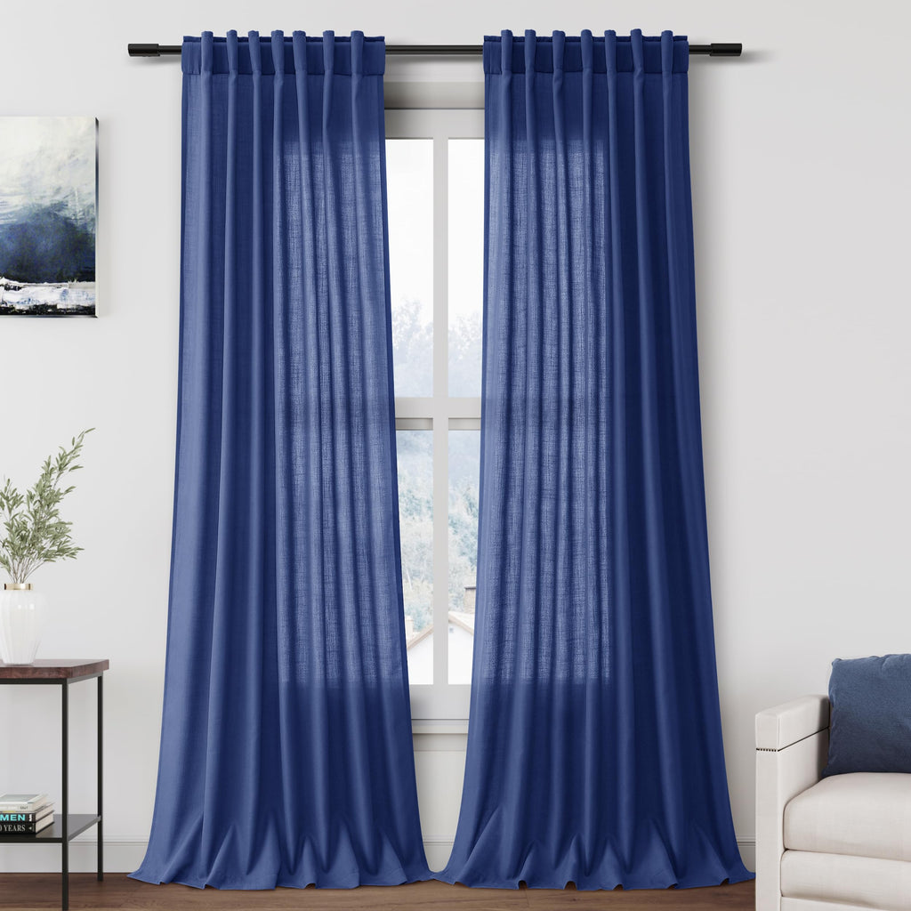 Nanspring Classic Blue Linen Curtains 108 Inches Long for Living Room Bedroom 2 Panels Set Extra Long Back Tab Curtain Light Filtering Sheer Drapes Floor to Ceiling Curtain for Large Windows 52x108