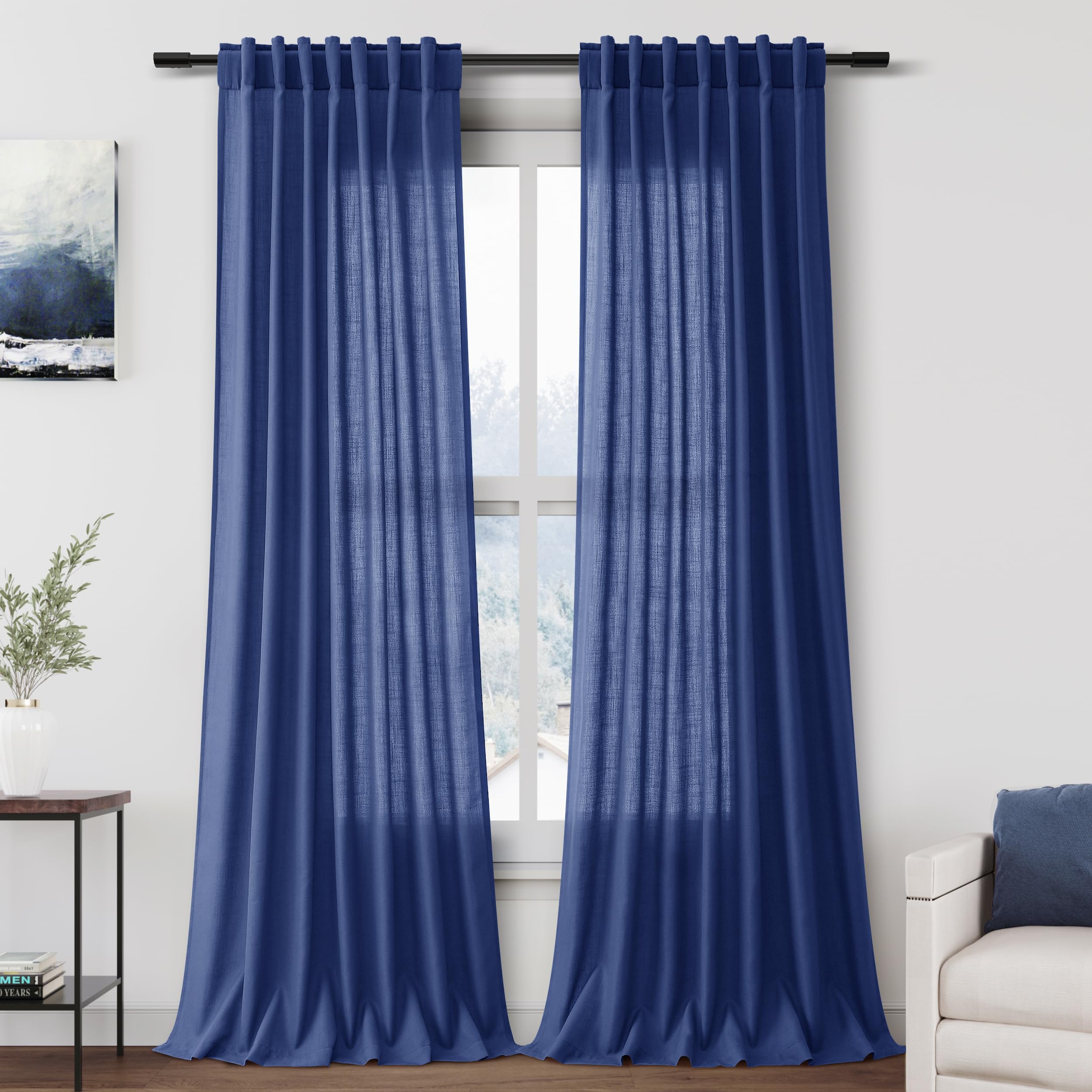 Nanspring Classic Blue Linen Curtains 108 Inches Long for Living Room Bedroom 2 Panels Set Extra Long Back Tab Curtain Light Filtering Sheer Drapes Floor to Ceiling Curtain for Large Windows 52x108
