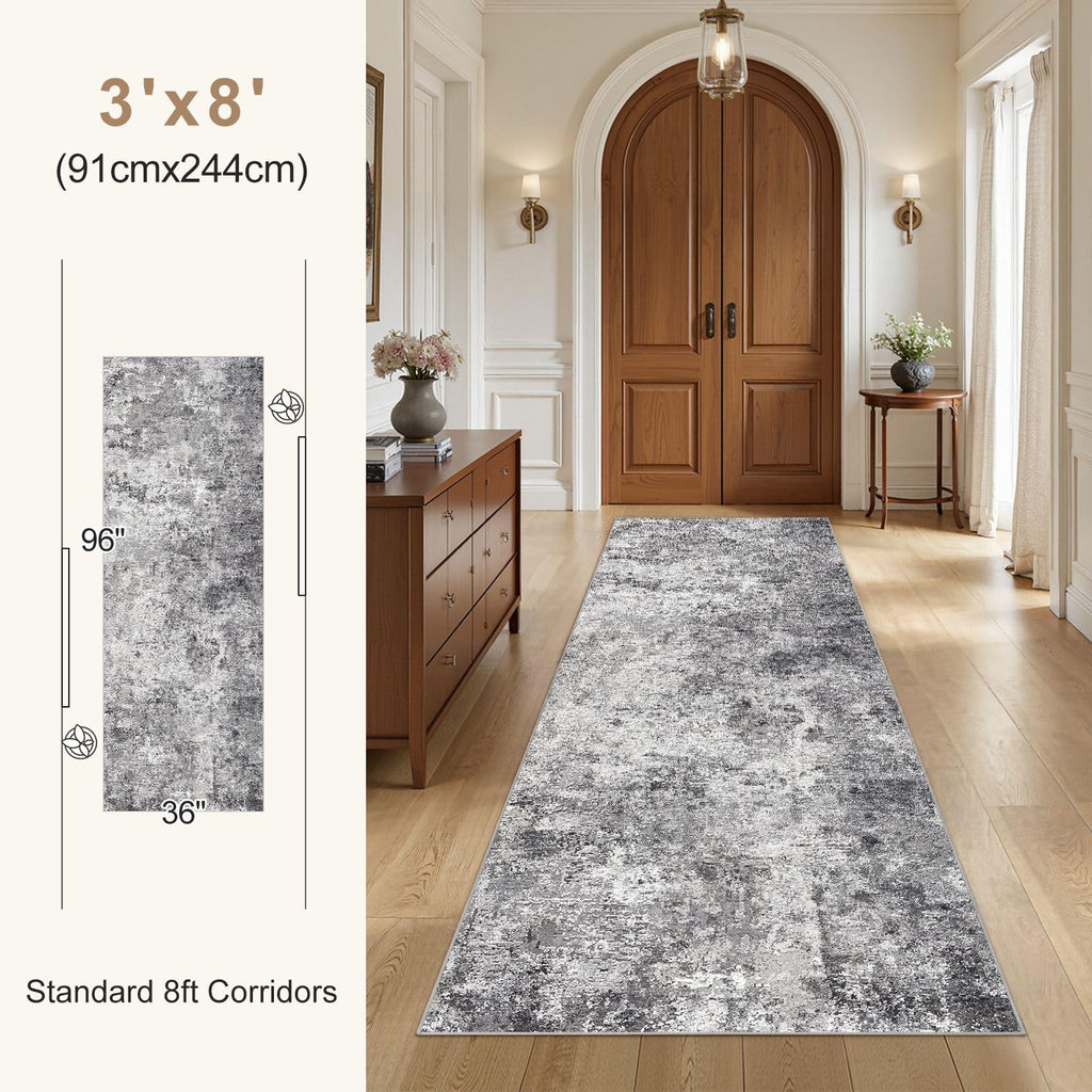 UERMEI 3x8 Washable Runner Rug for Hallway, Non Slip Low Pile Kitchen Carpet, Neutral Modern Abstract Indoor Floor Mat for Entryway Laundry, Kid & Pet Safe High Traffic Area, Grey
