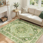 RELEANY Area Rugs 4'x6' Washable Non-Slip, Floral Vintage Distress Print Pattern Medallion Carpet for Living Room Bedroom Dining Room, Sage Green Yellow