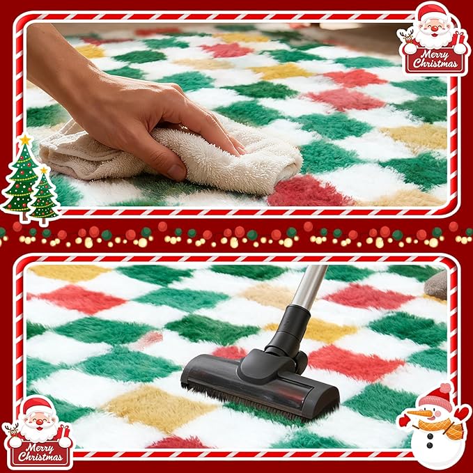 Checkered Area Rug 4x6 for Bedroom Living Room, Christmas Shag Rug Fuzzy Shaggy Bedside Carpet, Indoor Plush Floor Rugs for Holiday Home Decor