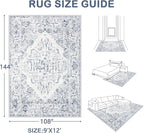 9x12 Area Rugs for Living Room: Washable Rug Vintage Large Rugs Soft Non Slip Low Pile Rug Floral Distressed Floor Carpet for Bedroom Dining Room Home Office (Blue,9'x12')