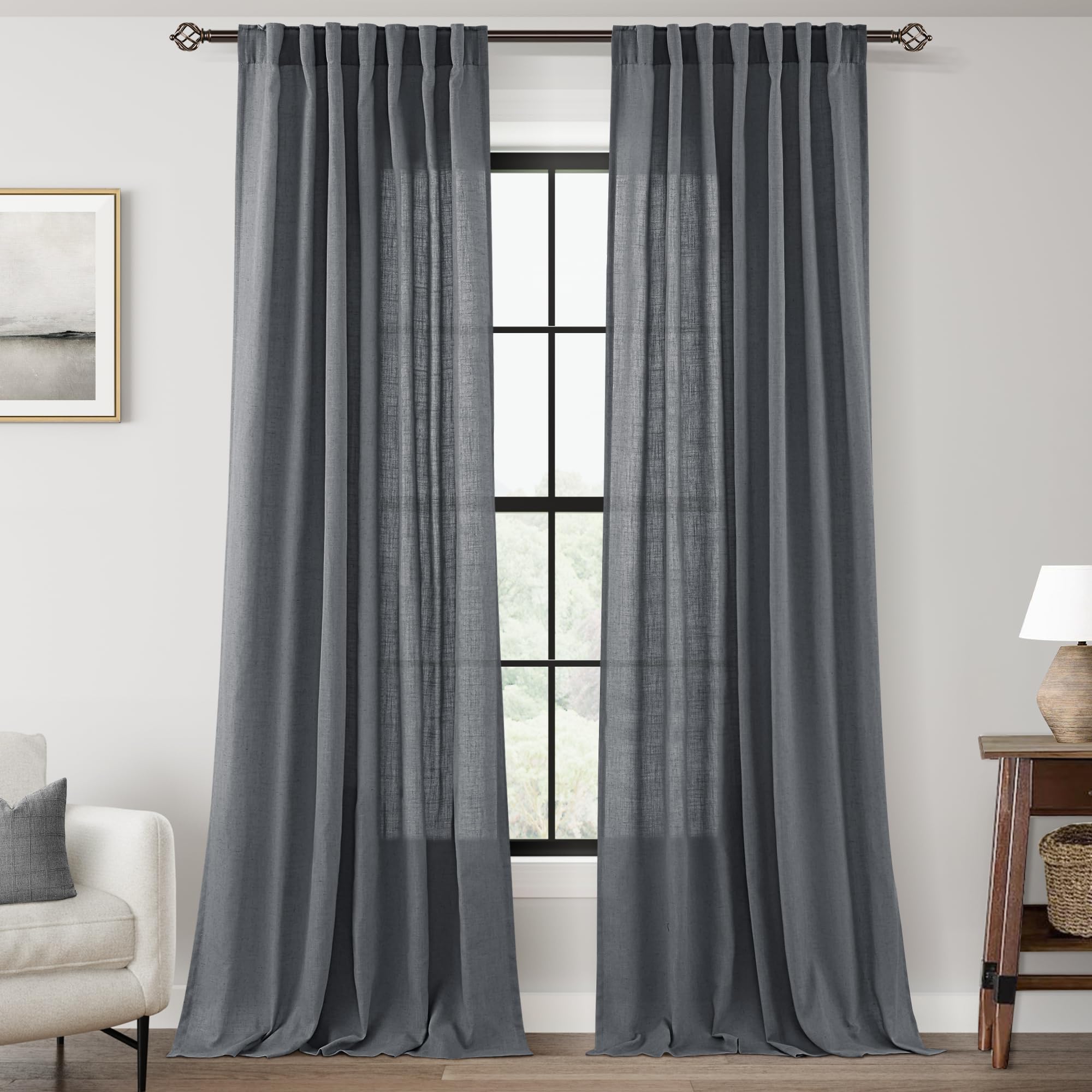 Jolilight Dark Gray Curtains for Living Room Back Tab Modern Farmhouse Semi Sheer Gray Curtains 90 inches Long 2 Panels Set Muted Neutral Window Curtain for Dining Room Bedroom 52x90