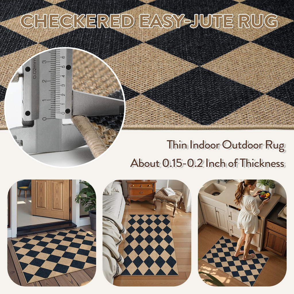 Lahome Checkered Easy Jute Non Slip Front Door Mat, 2x3 Kitchen Rug Neutral Small Throw Rug, Farmhouse Diamond Washable Non Shedding Low Pile Black Floor Carpet for Entryway Front Porch Doorway
