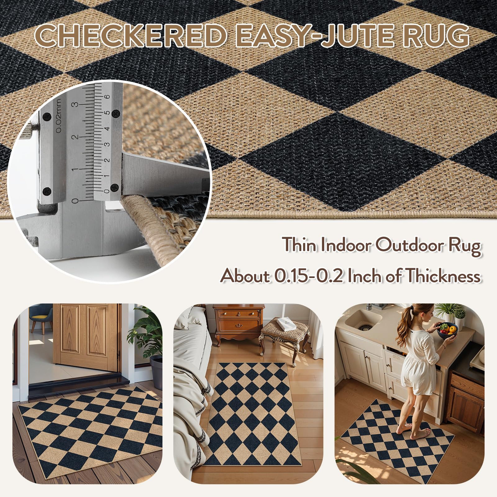 Lahome Checkered Easy Jute Non Slip Front Door Mat, 2x3 Kitchen Rug Neutral Small Throw Rug, Farmhouse Diamond Washable Non Shedding Low Pile Black Floor Carpet for Entryway Front Porch Doorway