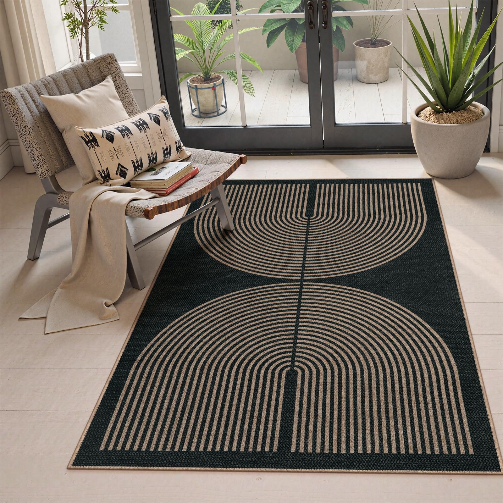 Lahome Modern Rainbow Easy Jute Outdoor Patio Rug, 3x5 Black Office Rug