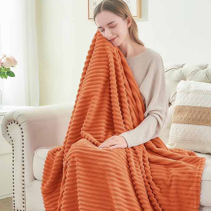BEDELITE Ribbed Jacquard Burt Orange King Size Blanket for Bed, 108x90 Inch