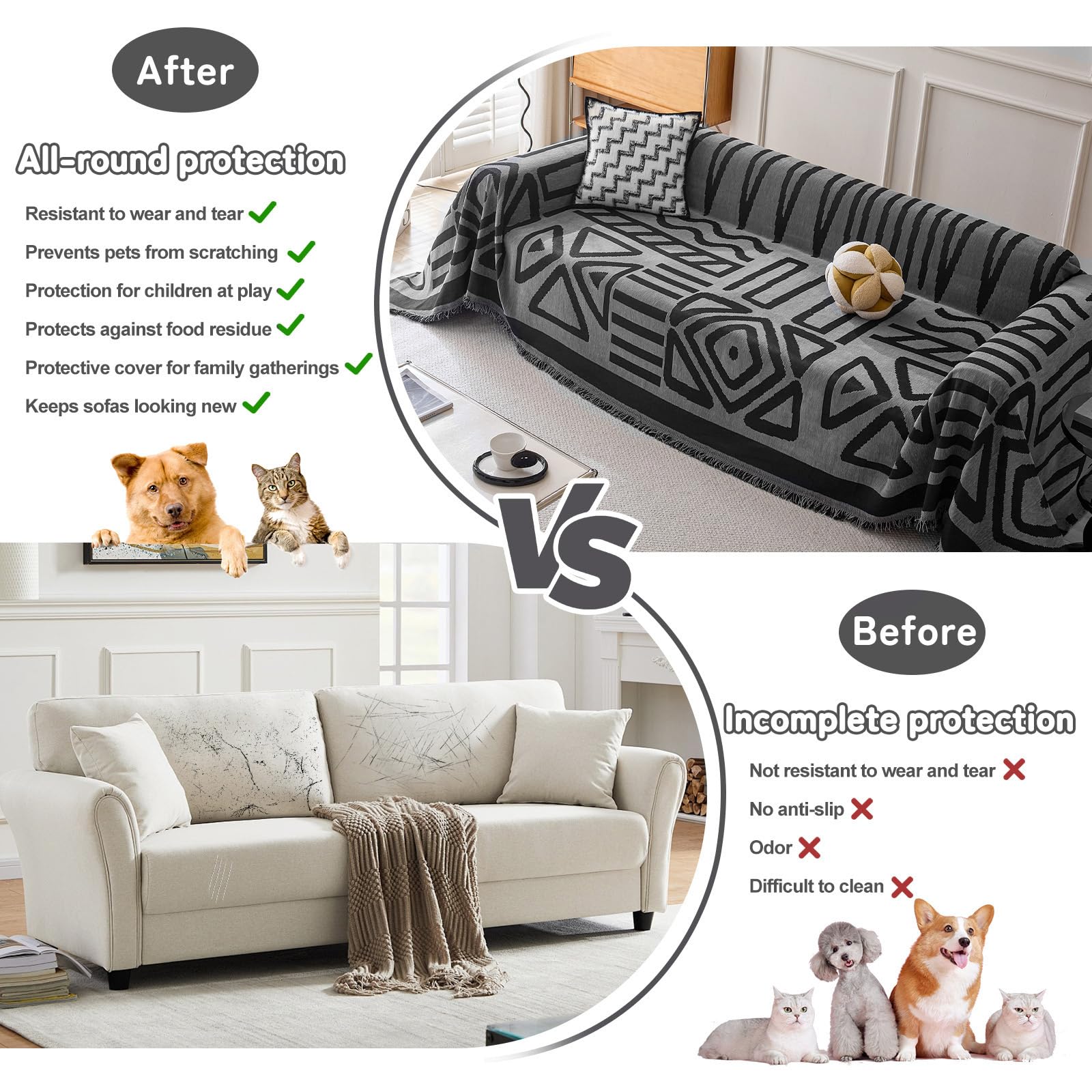 HANDONTIME Boho Geometric Couch Covers for Sofa Pet Friendly Dark Grey and Black Sofa Covers Washable Chenille Couch Blanket Cover for 2 Cushion Couches Pet Protector Furniture Cover Soft, 71" X 118"