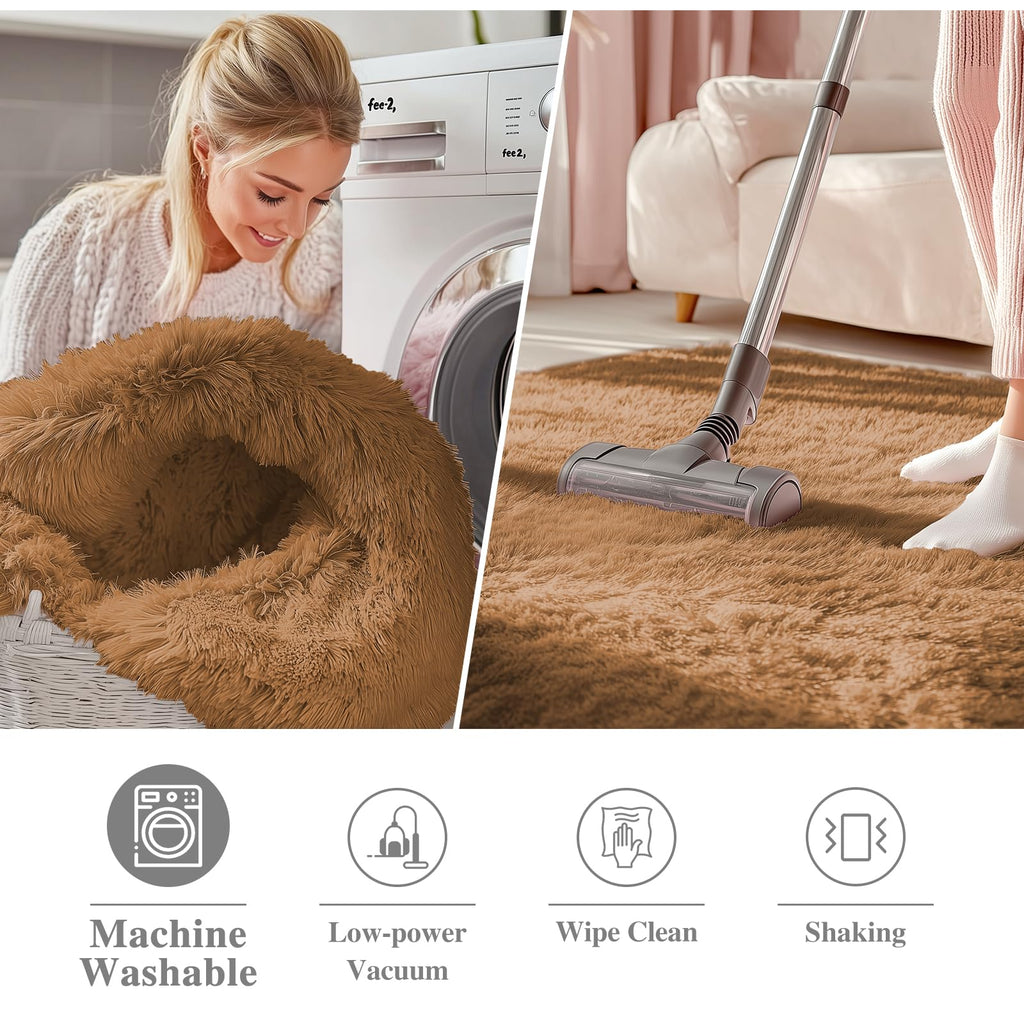 OLANLY Khaki Round Rugs for Bedroom - Machine Washable, 7 ft Circle Area Rugs for Living Room, Soft and Fluffy Shaggy Carpet for Teen Girl and Boys, Nursery Rooms, Dorms, Home Decor Aesthetic