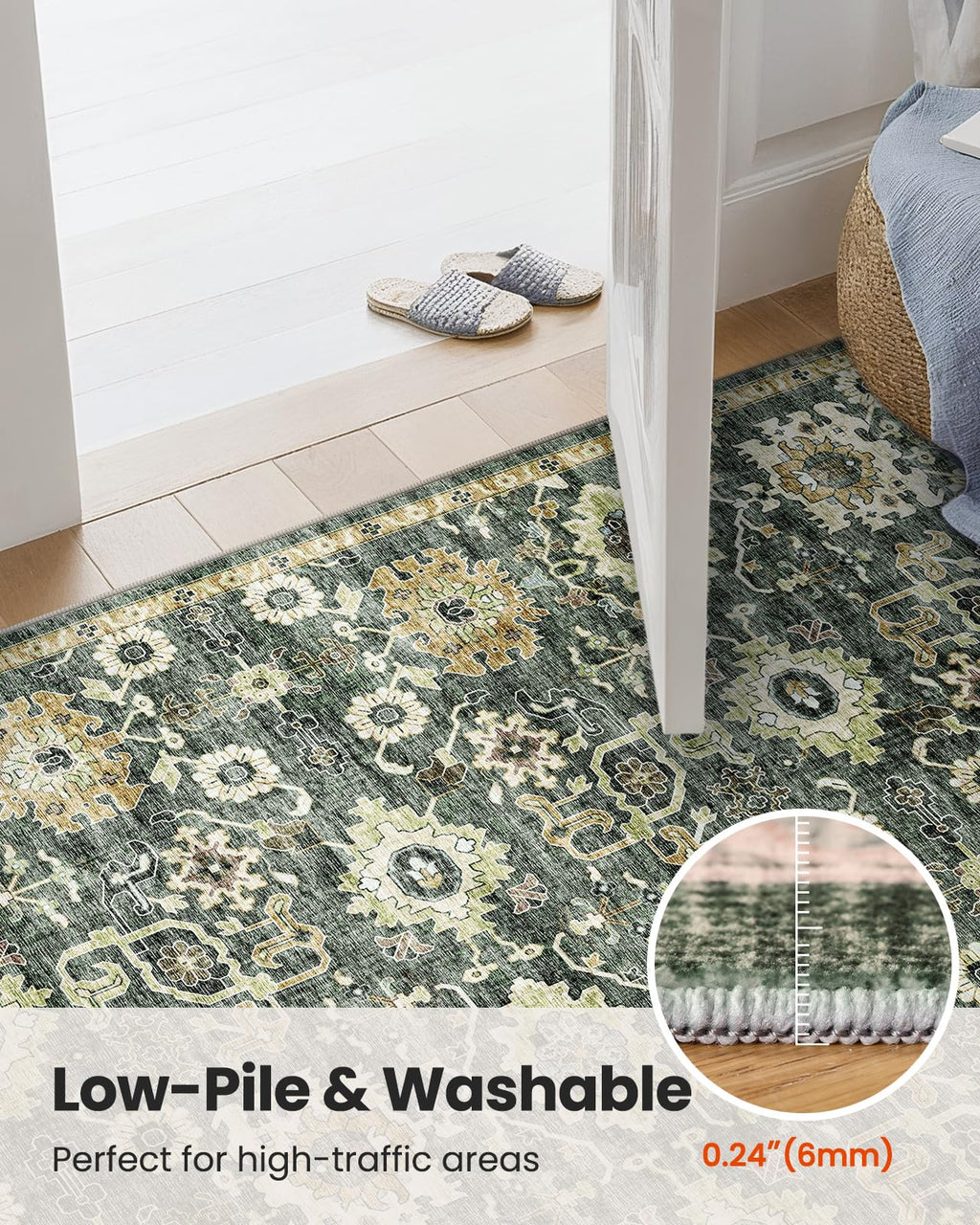 AMADA HOMEFURNISHING 8x10 Washable Area Rug, Low-Profile Large Area Rug with Non-Slip Backing & Durable Edge Binding, Vintage Large Rugs for Living Room, Bedroom, Dinning Room