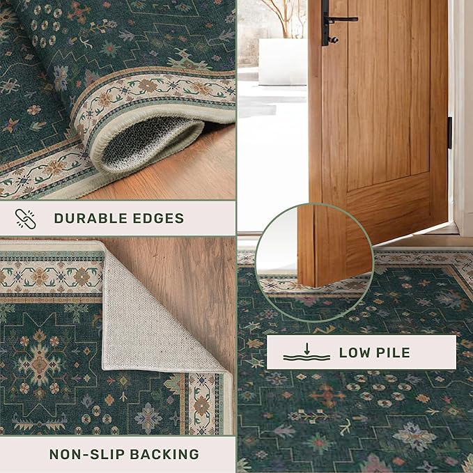 Hazo Haus Dark Green 2x8 Non Slip Kitchen Runner Rugs - Modern Vintage Boho Eclectic Floral Pattern, Washable Low Pile Non-Slip 8ft Long Runner Rugs for Hallway, Entrance
