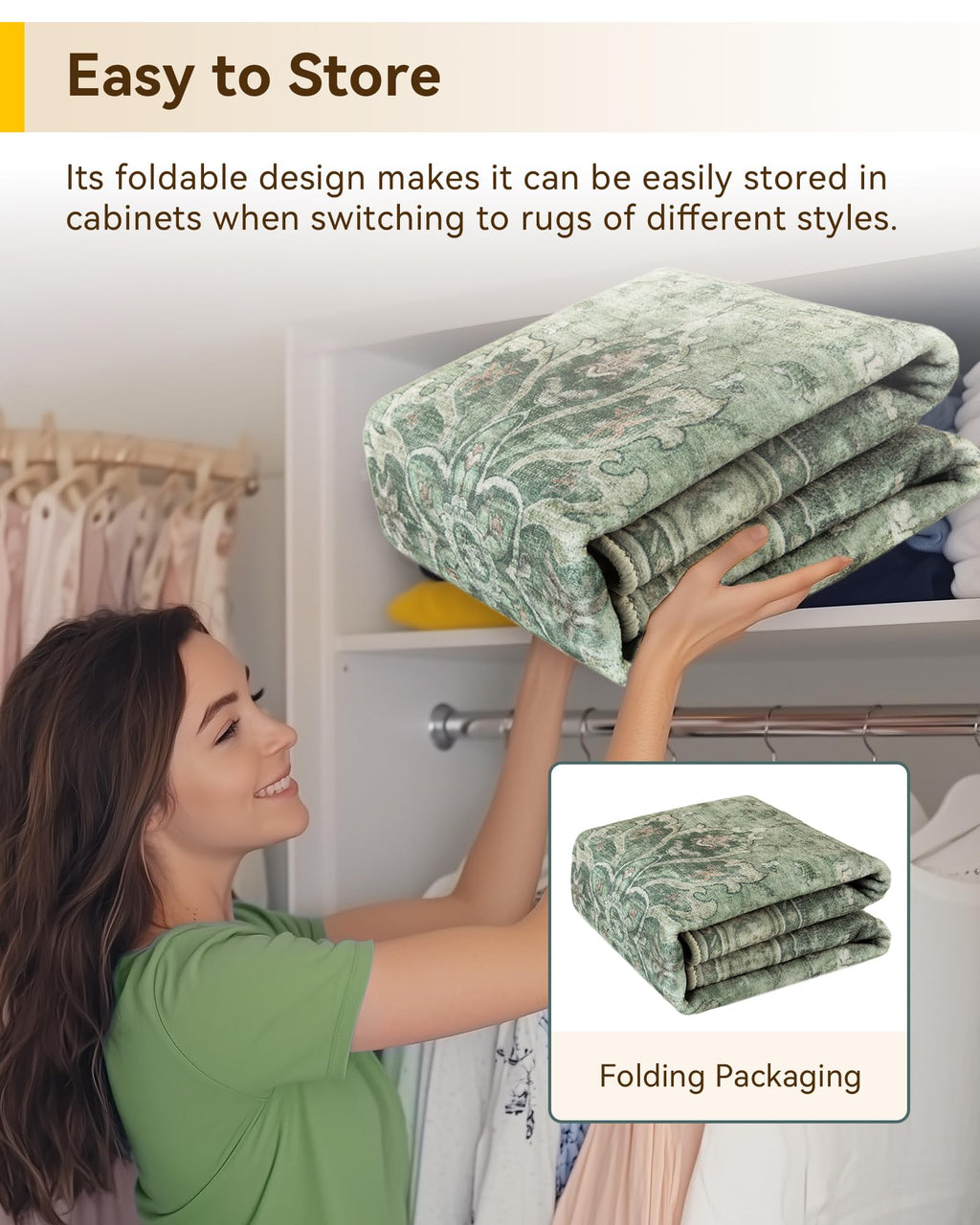 RELEANY Washable Area Rug, 4'x6', Green/Dark Green/Gray