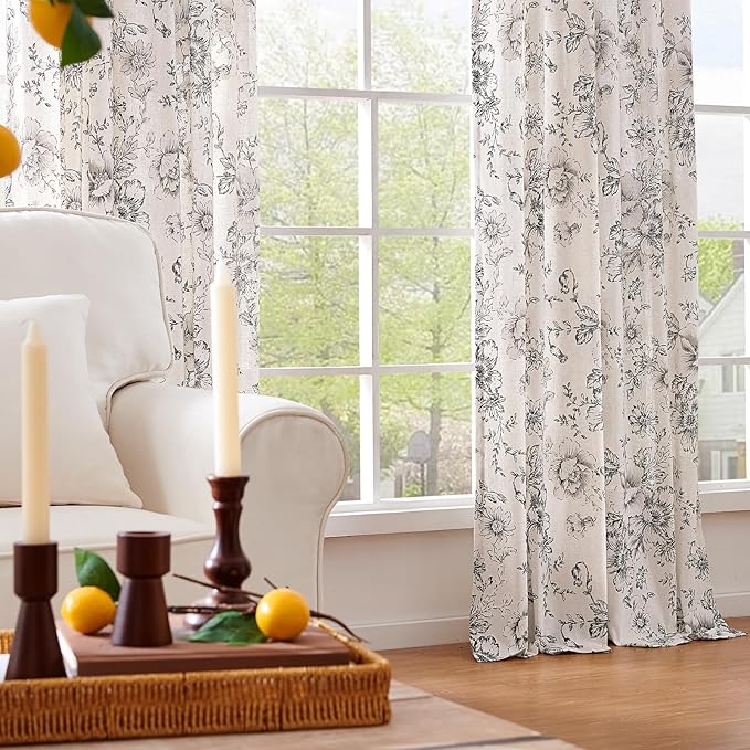 jinchan Vintage Floral Linen Curtains 102 Long for Living Room 2 Panels