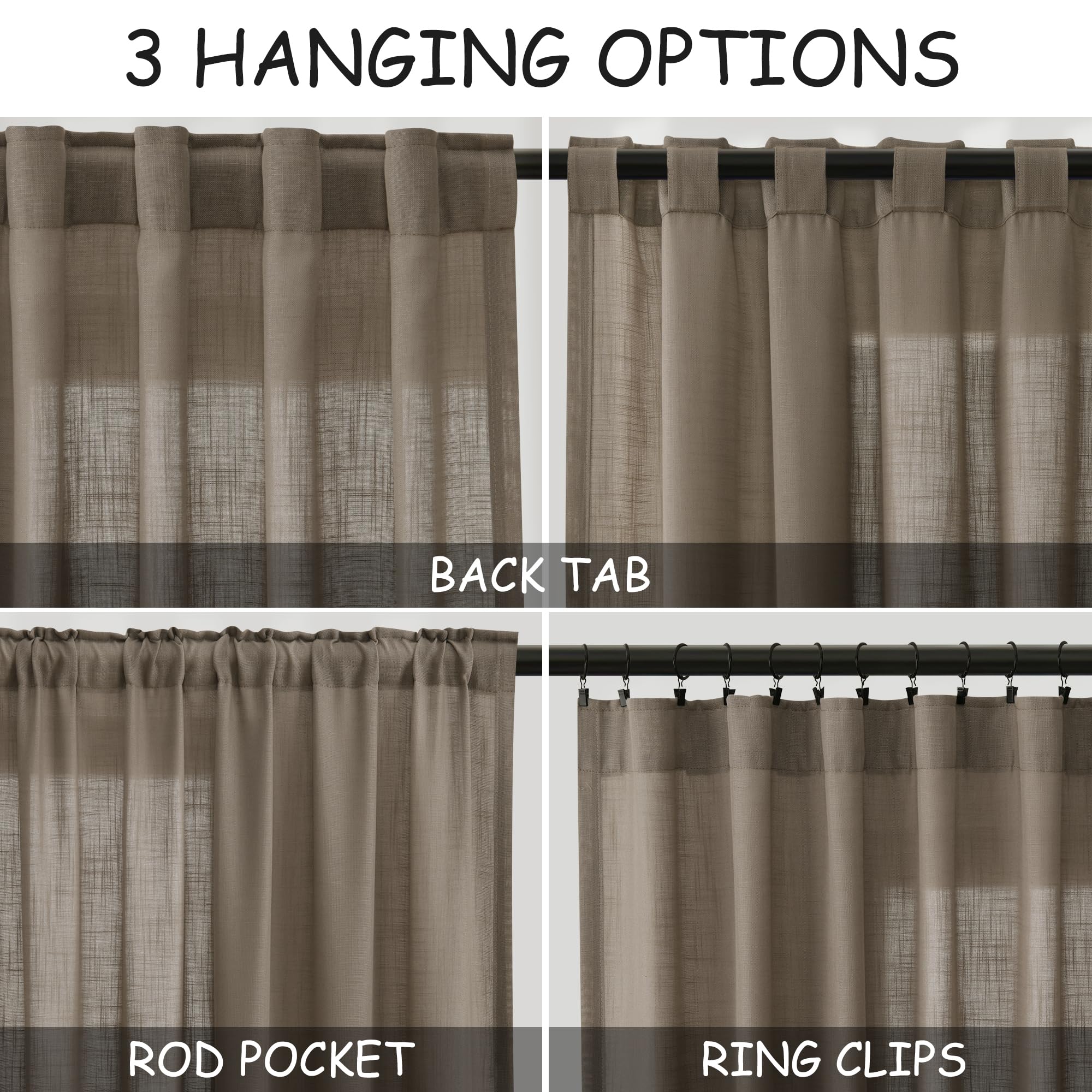 Dark Taupe Linen Curtains 84 Inches Long for Bedroom Back Tab Light Filtering Privacy Semi Sheer Curtains Modern Farmhouse Decor Dark Taupe Cotton Textured Curtain for Living Room 2 Panels 52x84