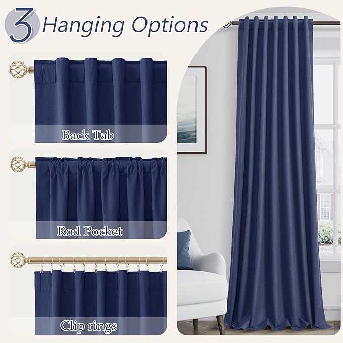 Guken 100% Blackout Curtains 120 Inch Length 2 Panels Set for Living Room Bedroom Back Tab Thermal Insulated Black Out Linen Drapes Room Darkening Window Curtains Classic Blue 52x120