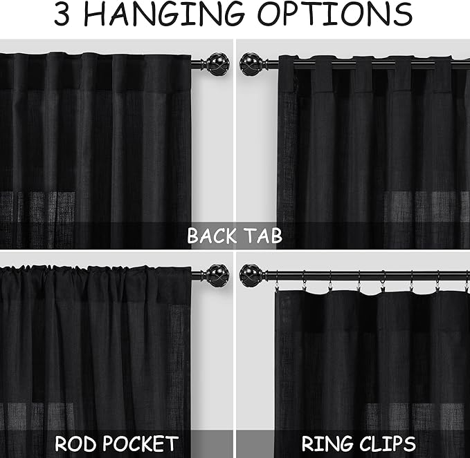 Nanspring Linen Curtains 84 inches Long for Living Room Privacy Sheer Black Simple Modern Curtains Back Tab and Rod Pocket Cotton Textured Curtain for Bedroom Dinner Room 70x84, 2 Panel