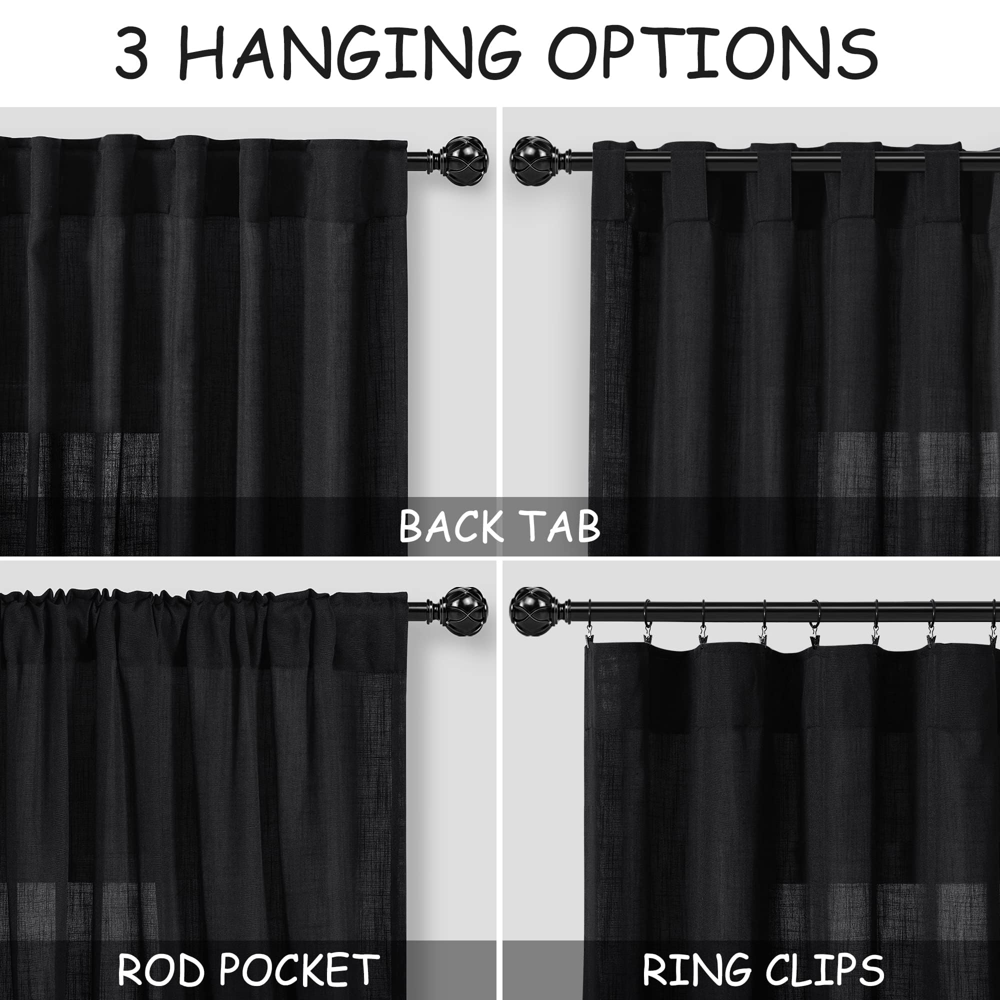 Nanspring Black Linen Curtains 90 Inches Long for Living Room Back Tab and Rod Pocket Semi Sheer Privacy Curtains Simple Modern Cotton Textured Curtain for Bedroom 70x90,2 Panel