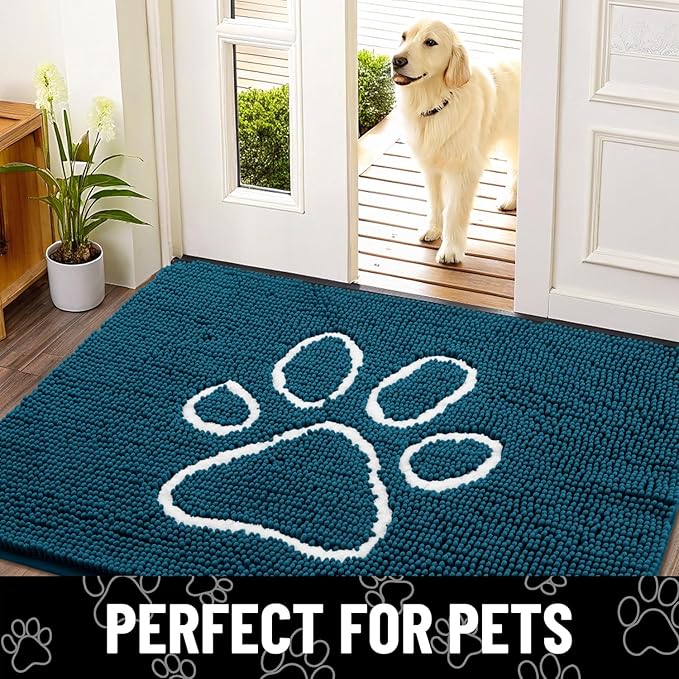 Smiry Dog Door Mat for Muddy Paws, Absorbent Dirt Trapper Non Slip Quick Dry Washable Chenille Mat for Mud Dogs, Entry Rug for Indoor and Outdoor (70x24 Inches, Atlantic Blue and White)