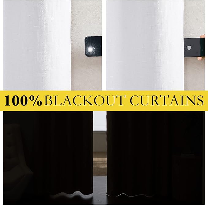 NICETOWN 100% Absolutely Blackout Linen Curtains with Thermal Insulated White Liner, White, W62, 2 Pieces, Noise Reducing Textured Linen Look Curtains for Windows 102 inch Length for Classroom