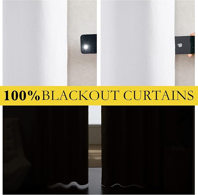 NICETOWN 100% Absolutely Blackout Linen Curtains with Thermal Insulated White Liner, White, 42 inches Wide, 63 inches Length Energy Saving Curtains for Cupboard 2 Panels Set, Vertical Blinds