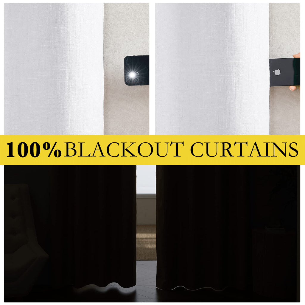 NICETOWN 100% Absolutely Blackout Linen Curtains with Thermal Insulated White Liner, White, 34 inches Wide, 80 inches Length Energy Saving Curtains for Living Room 2 Panels Set, Vertical Blinds
