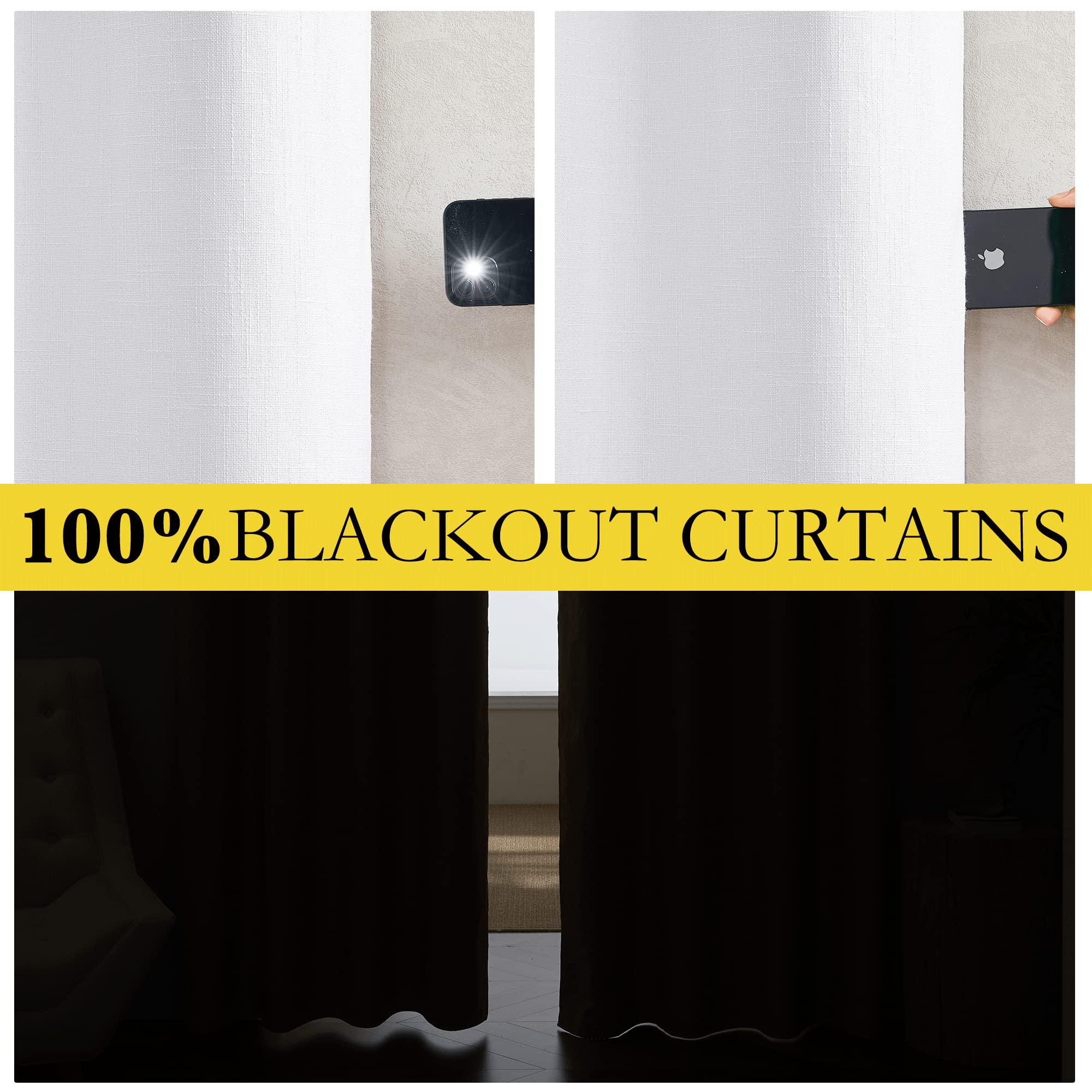 NICETOWN 100% Absolutely Blackout Linen Curtains with Thermal Insulated White Liner, White, 34 inches Wide, 80 inches Length Energy Saving Curtains for Living Room 2 Panels Set, Vertical Blinds