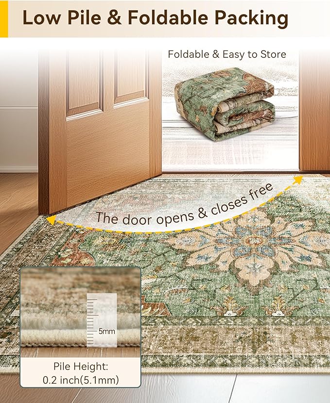 RELEANY Washable Area Rug, 7'x9', Brick/Brown/Green