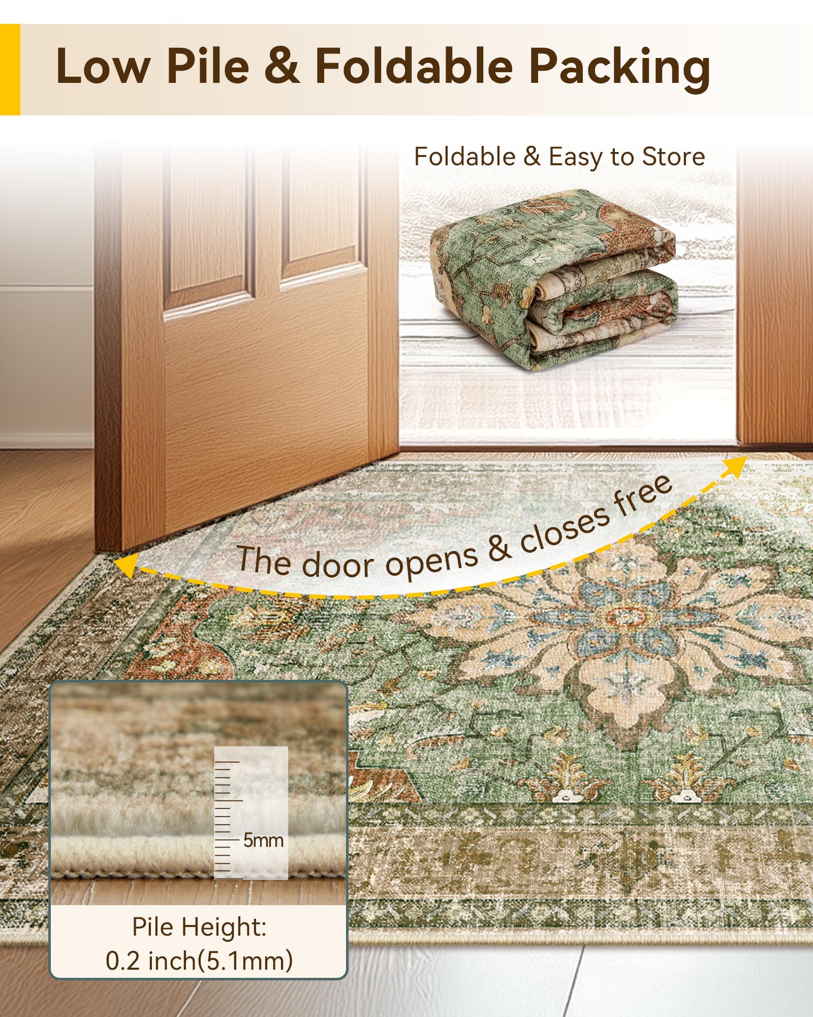 RELEANY Washable Area Rug, 5'x7', Brick/Brown/Green