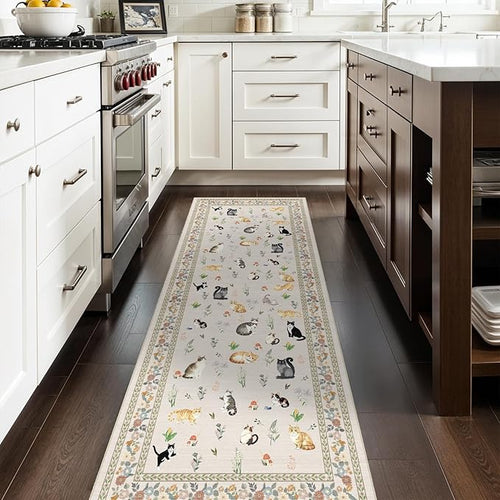 2'6"x8 Washable Kitchen Runners: Floral Cat Print Non Slip Rug LightBeige