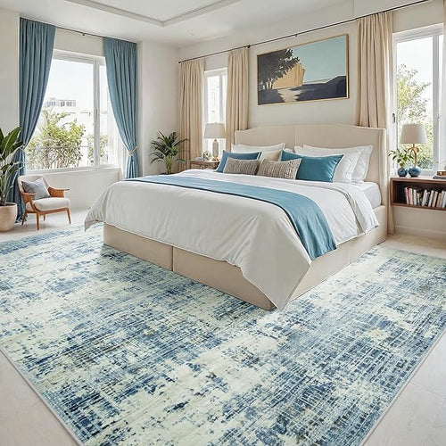 10x14 Washable Area Rug for Living Room Bedroom: Non-Slip Modern Blue Gray
