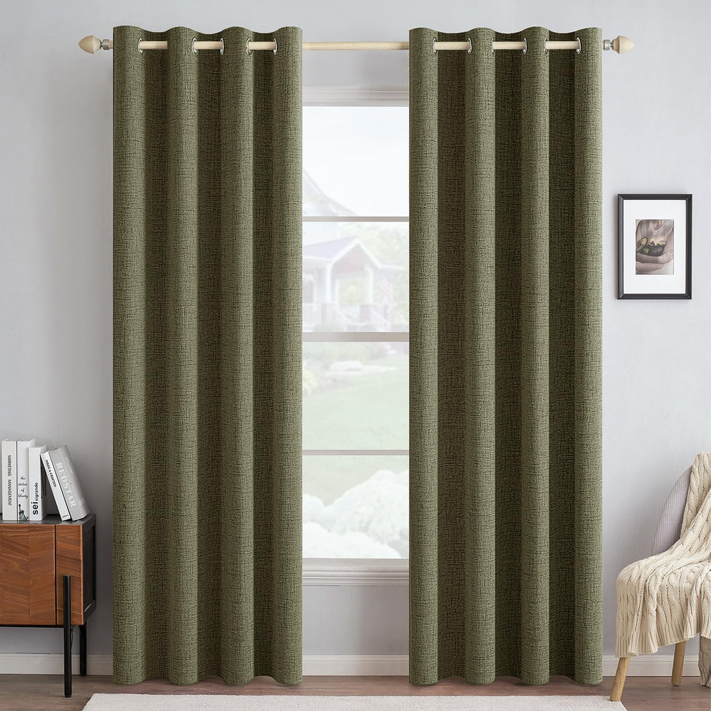 MIULEE 100% Blackout Linen Curtains for Bedroom 52x96 Light Olive Green