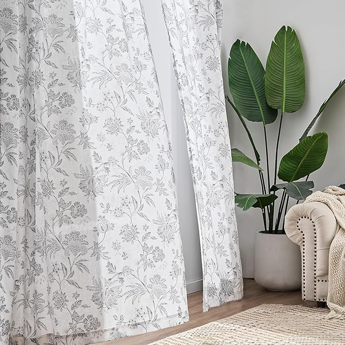 jinchan Linen Floral Curtains for Living Room, 96 Inch Length Curtains with Printed Flower Light Filtering Curtain, Rod Pocket Back Tab Gray Window Curtain Set 2 Panels Light Grey on White