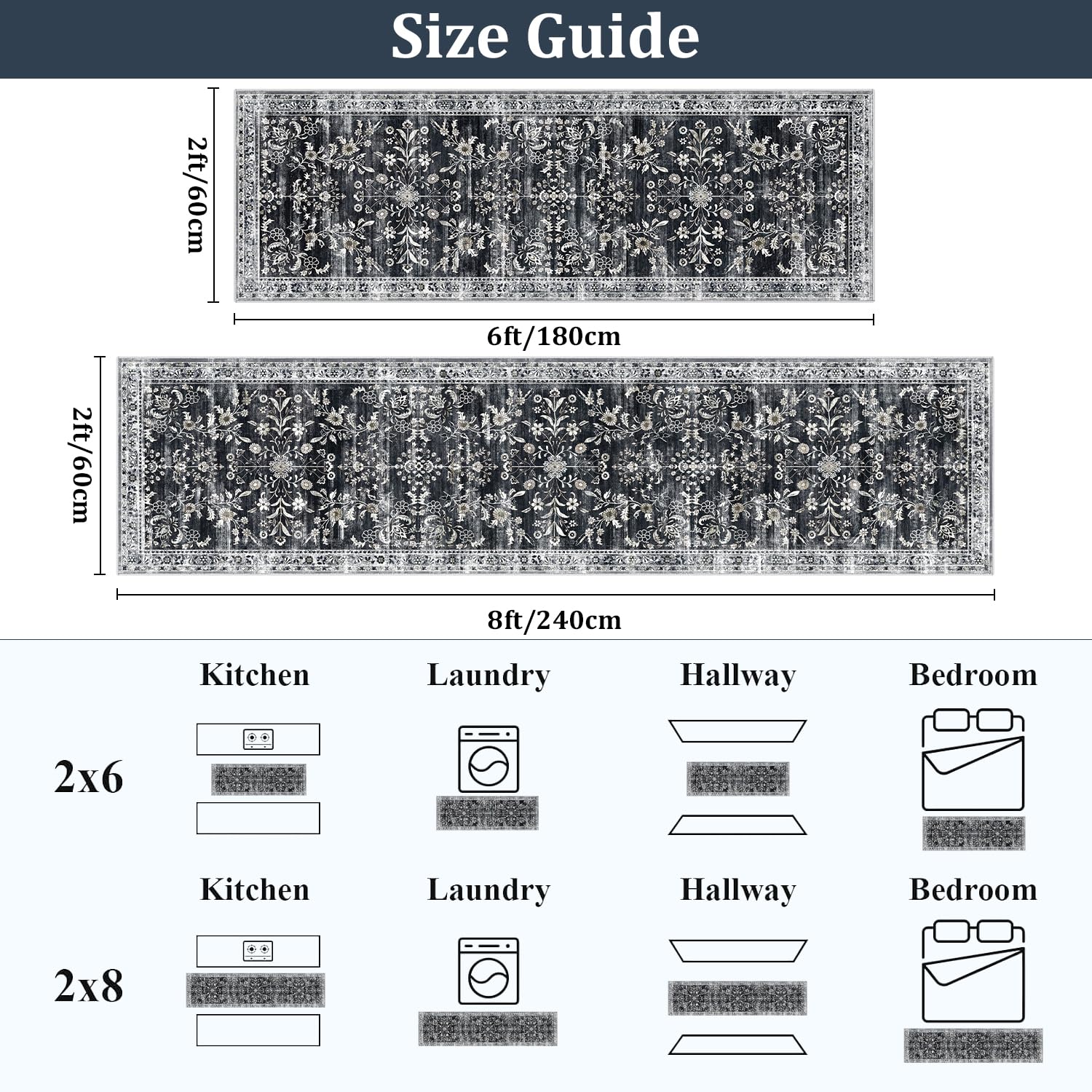Yamaziot 2x6 Washable Hallway Runner Rug Non Slip Floral Carpet, Black
