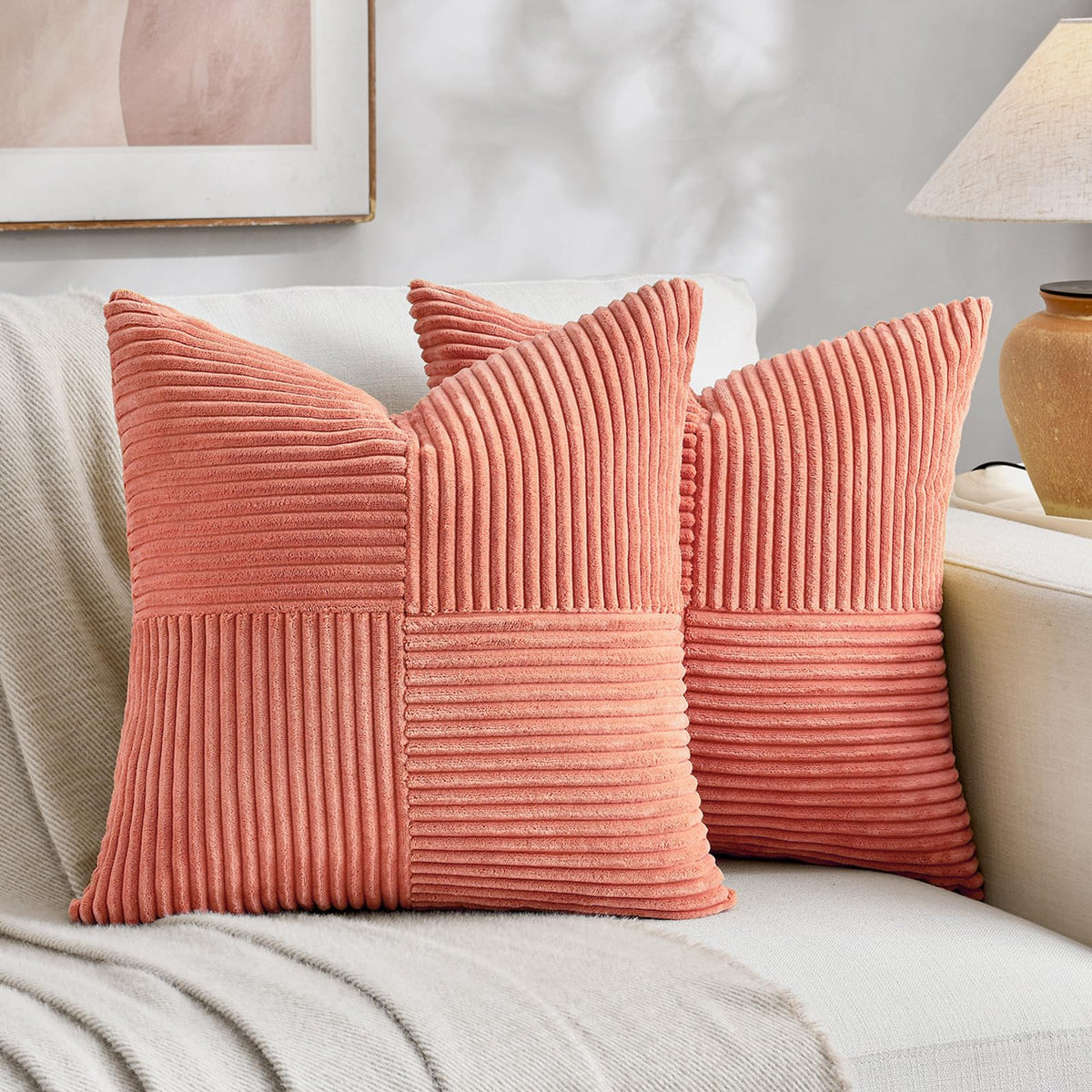 Fancy Homi 2 Packs Blush Pink Big Decorative Throw Pillow Covers 24x24 Inch for Living Room Couch Bed Sofa, Rustic Farmhouse Boho Home Decor, Soft Corss Corduroy Patchwork Accent Cushion Case 60x60 cm