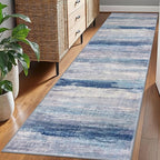 KOZYFLY Modern Abstract Hallway Runner Rug, 2.6x8 Washable Rug Runner Non-Slip Soft Striped Kitchen Runner Rugs, Print Blue/Grey/Beige Carpet Runner for Entryway Bathroom Laundry Room Foyer