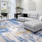 Washable Area Rugs Square 10ft Non-Slip Modern Abstract Soft for Living Room Entryway Bedroom Nursery, Print Pattern, Grey Blue Gold/Golden