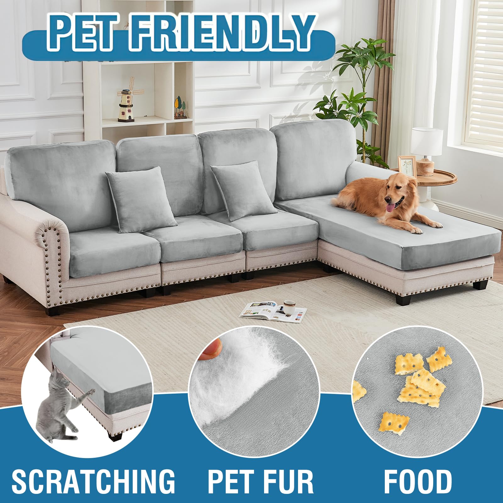 Taque Couch Cover 8-Piece Elastic Velvet Couch Cushion Covers & Chaise Slipcovers for L-Shaped Sofas - Sofa Seat Covers Washable, Soft Protector for Couches (7 Seater + Chaise, Light Grey)