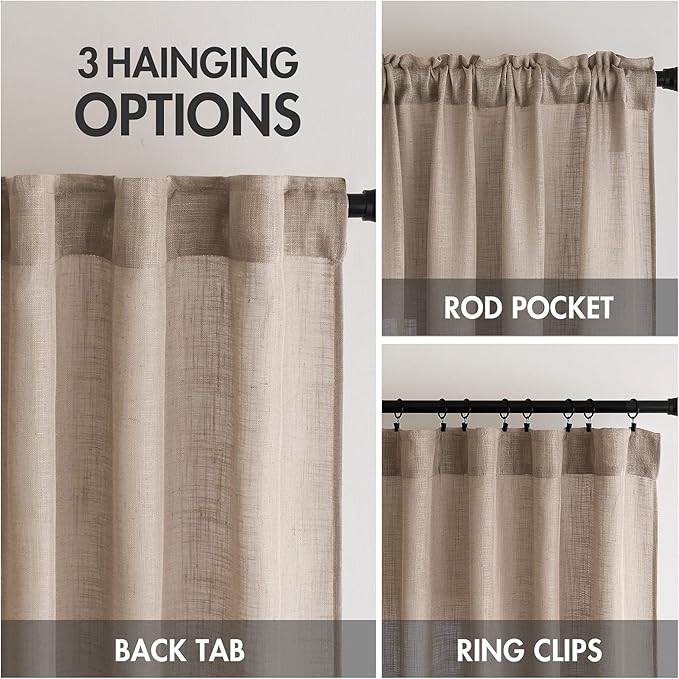 MIULEE Taupe Short Linen Curtains 45 Inch Length 2 Panels for Kitchen Bedroom Bathroom, Soft Thick Linen Textured Basement Window Drapes Semi Sheer Light Filtering Back Tab Burlap Look Decor