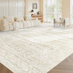 Living Room Rugs 9x12: Washable Moroccan Geometric Boho Rug Farmhouse Non Slip Stain Resistant Large Rug Low Pile Soft Carpet for Bedroom Dining Room Kids Room (Ivory Beige,9'x12')
