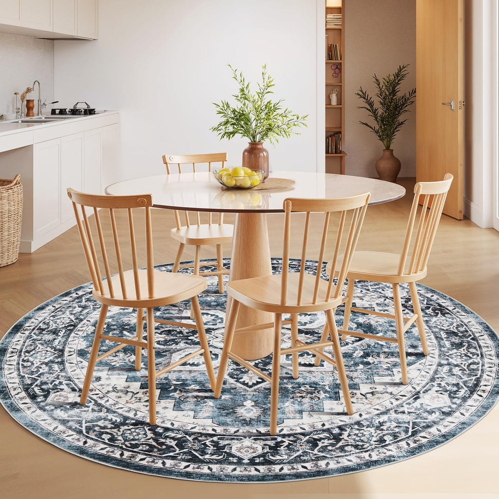 AMADA HOMEFURNISHING Round 4ft Area Rugs, Low-Profile Washable Rug with Non-Slip Backing & Durable Edge Binding, Vintage Rugs for Living Room, Bedroom, Dinning Room