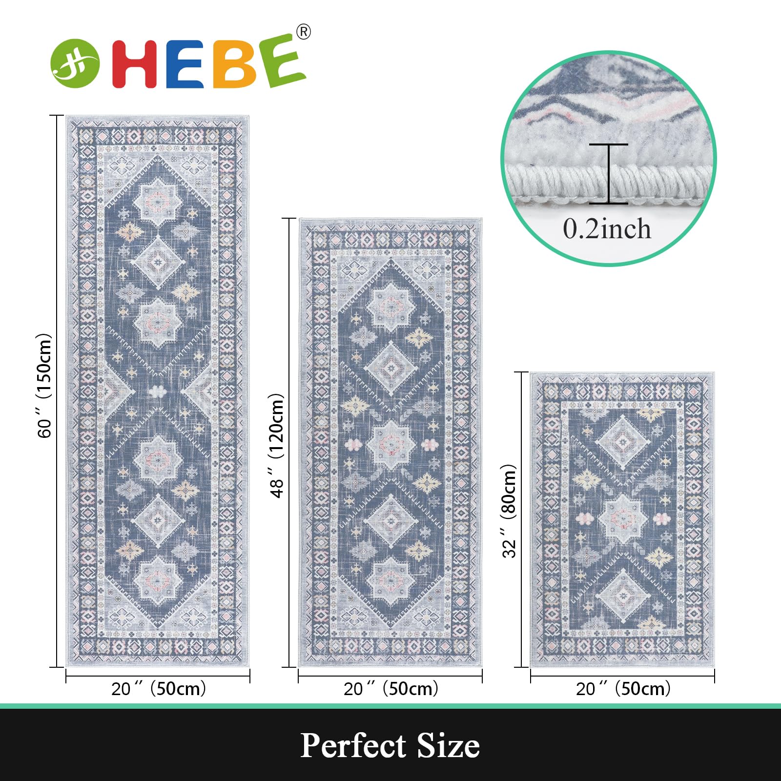 HEBE Boho Kitchen Rugs Set of 3, Non Slip Washable Kitchen Mats for Floor