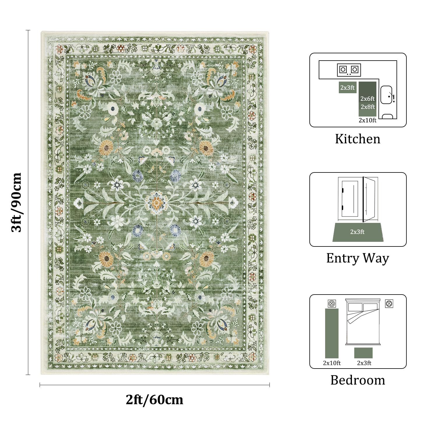 Yamaziot Washable 2x3 Area Rugs Small Entryway Non Slip Rug, Sage Green