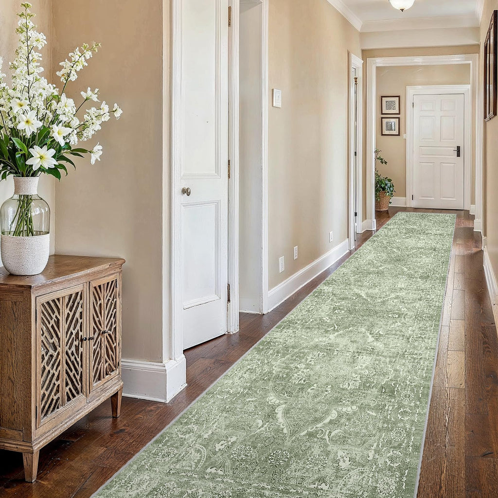2'6"x16 Washable Long Runner Rug: Vintage Non Slip Hallway Rug SageGreen