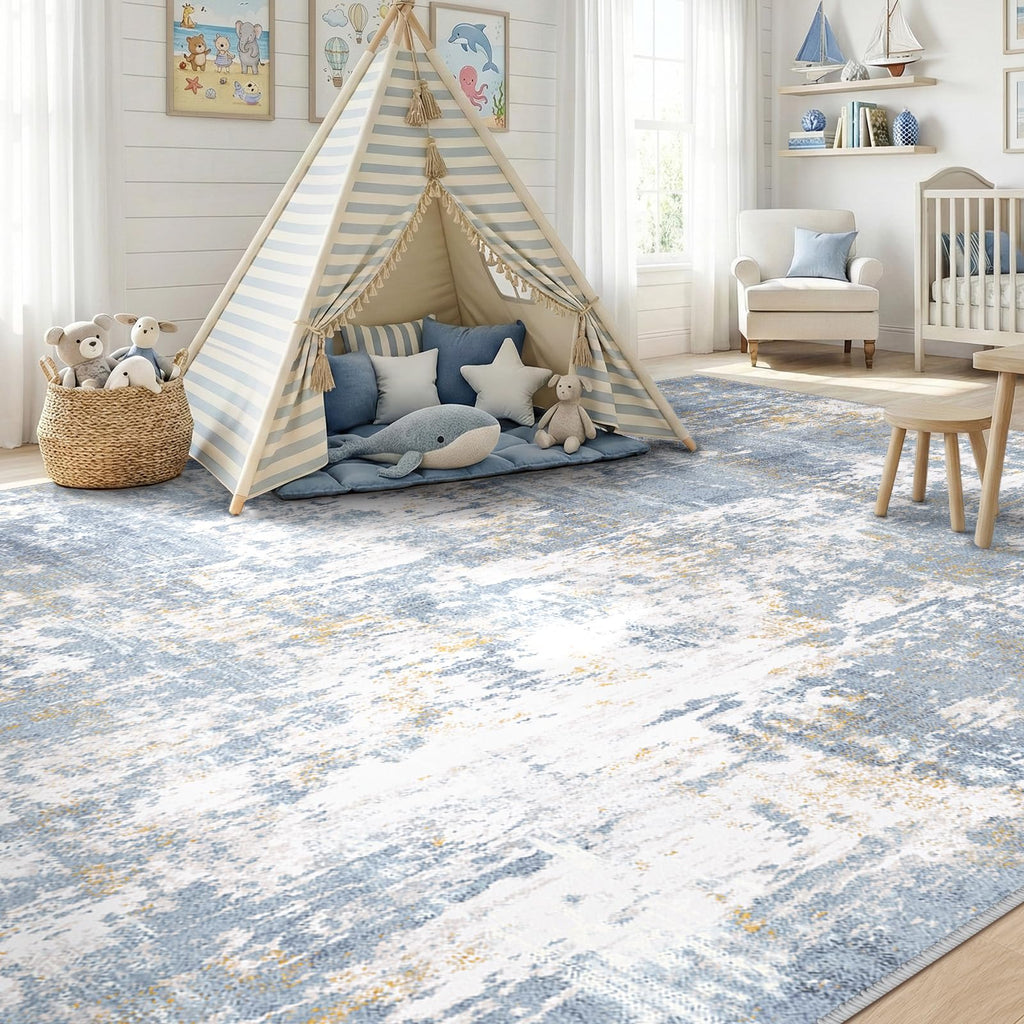 RELEANY Washable 9'x12' Abstract Area Rug for Living Room Light Blue