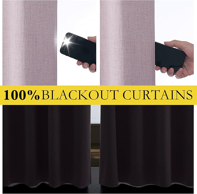 NICETOWN Pink Vintage Linen 100% Blackout Curtains for Living Room, Thermal Insulated Curtains 45" Long, Noise Reducing Window Treatment Drapes for Hall Room, 52" Wide Per Panel, Set of 2