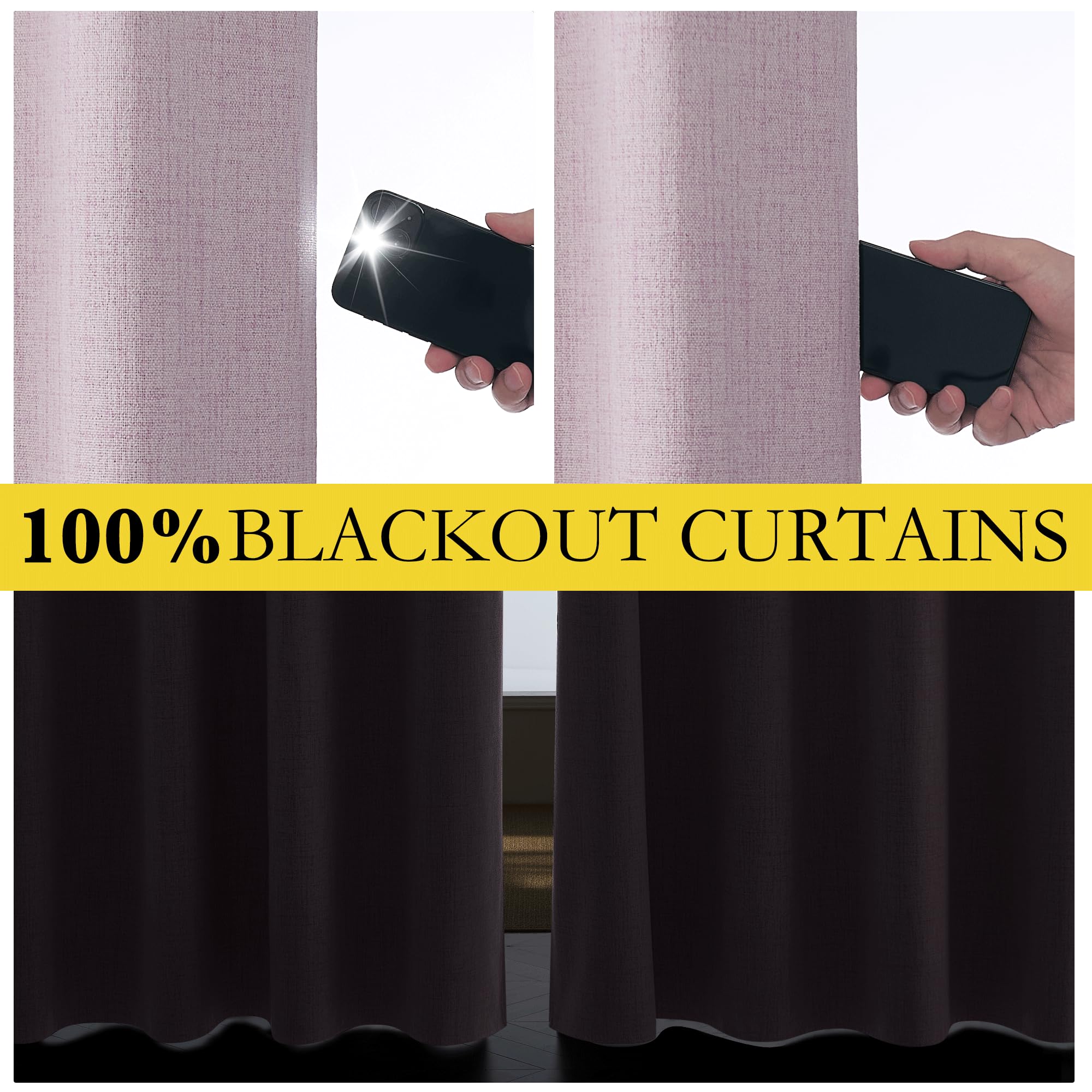 NICETOWN Pink Vintage Linen 100% Blackout Curtains for Living Room, Thermal Insulated Curtains 108“ Long, Noise Reducing Window Treatment Drapes for Home Office, 62" Wide Per Panel, Set of 2