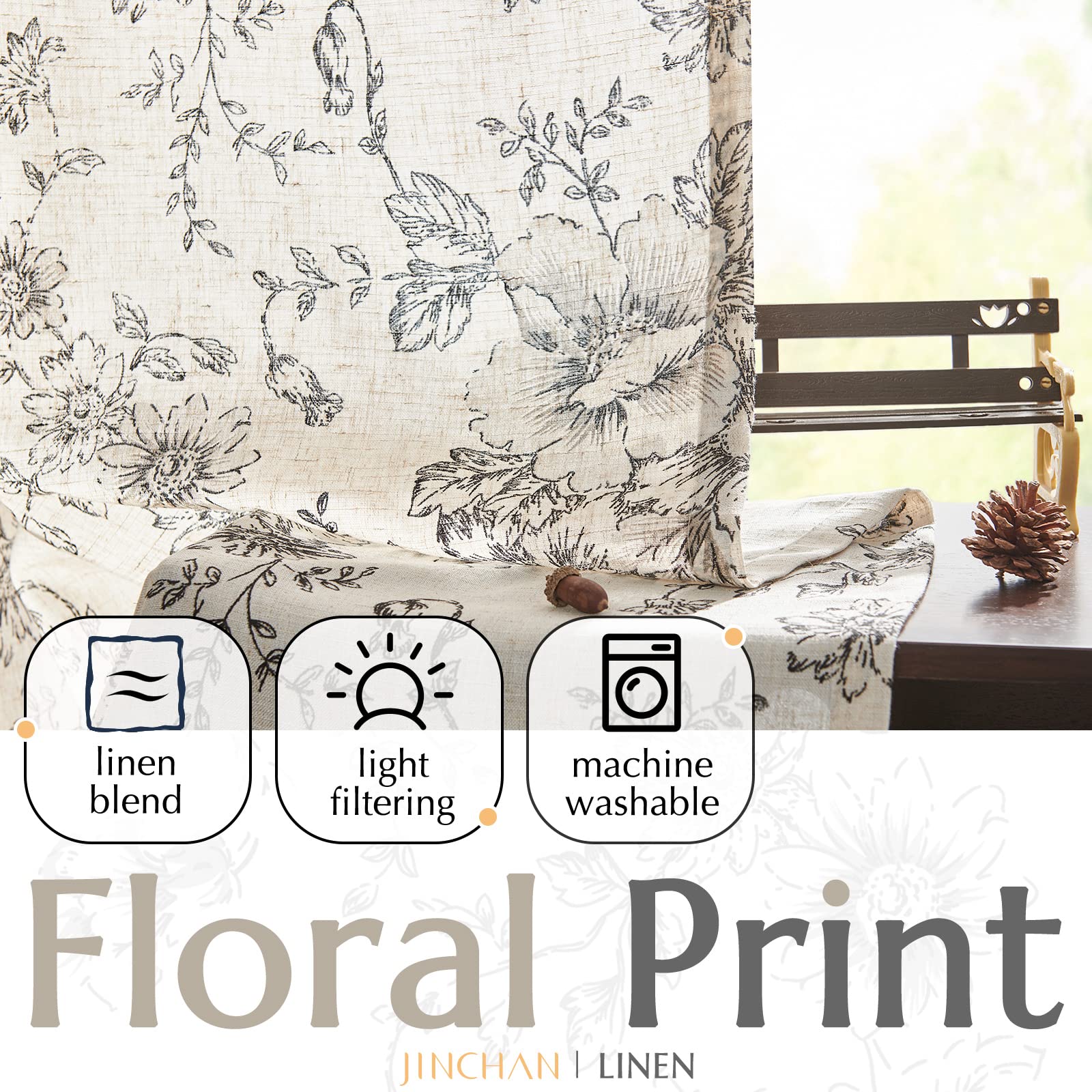 jinchan Black Floral Linen Curtains 63 Inch Farmhouse Back Tab 2 Panels