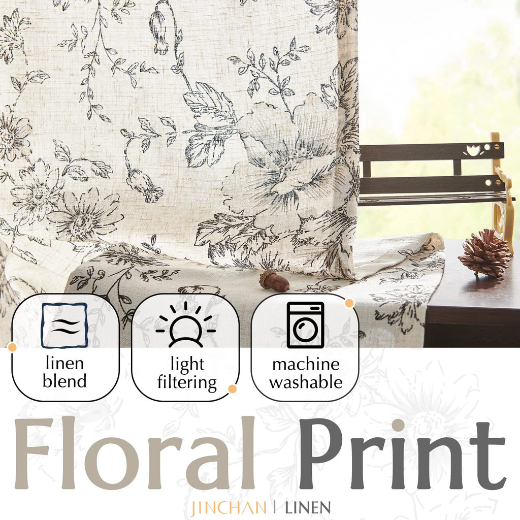 jinchan Vintage Floral Linen Curtains 84 Long for Living Room 2 Panels